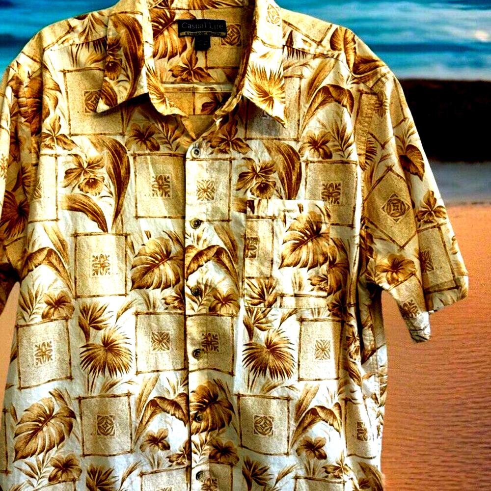 Mens Hawaiian XL SHIRT BROWN Tiki Floral Palm pocket Casual Life 100% Cotton